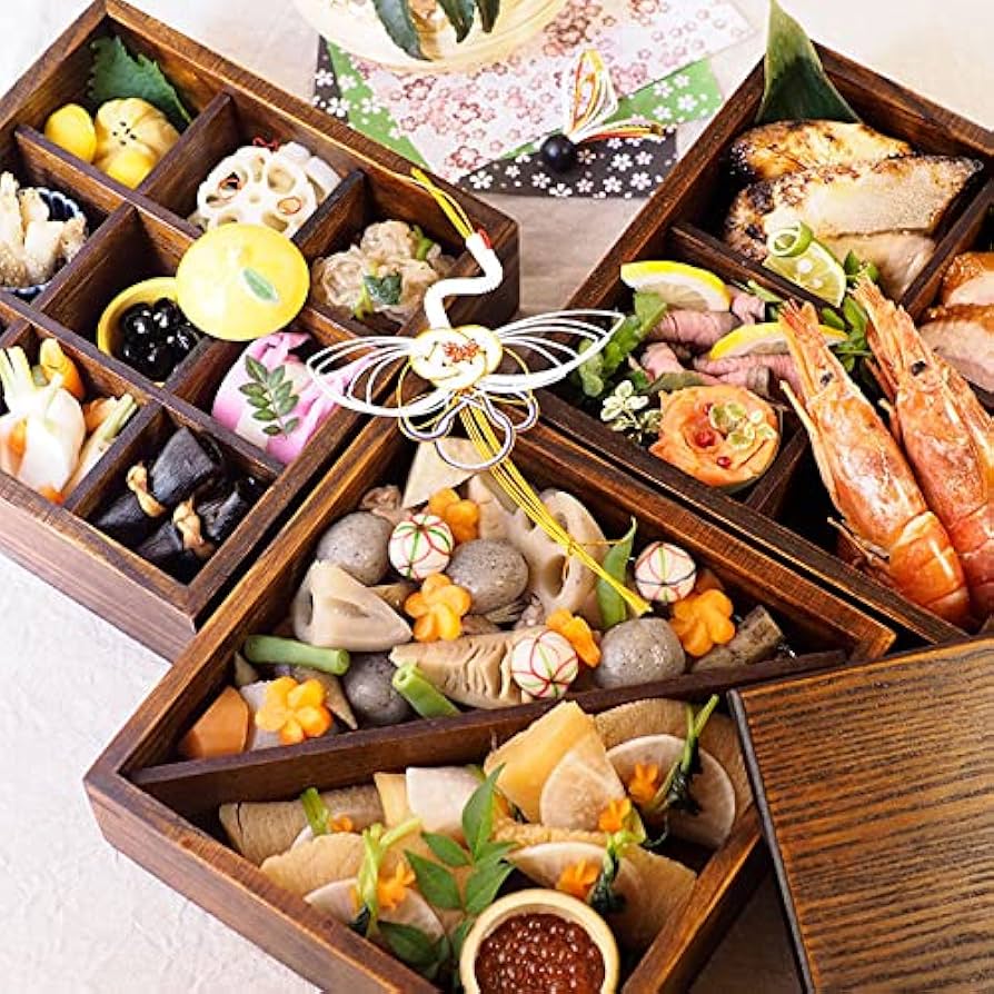 黒い木製3段重箱 金色リボン模様